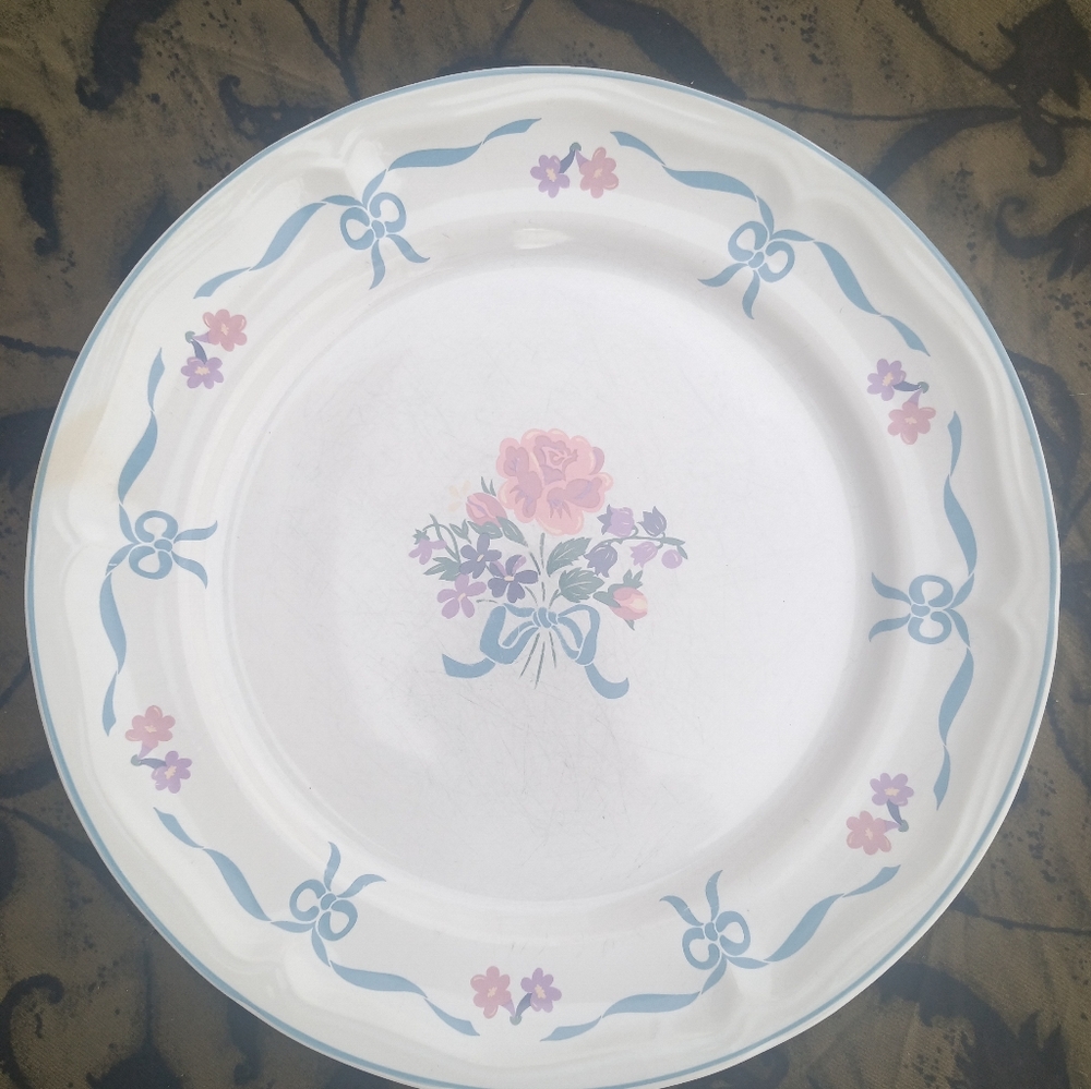 Vintage Newcor Stoneware Blue & Pink Floral Large Dinner Plate